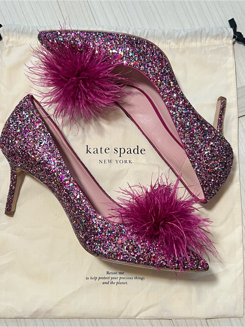 Kate Spade Marabou Glitter Dress Heels Fuchsia Feather Puff Statement Pumps 9.5